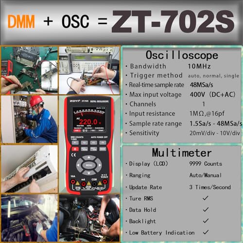 Image of ZOYI ZT-702S 2 in 1 Handheld Digital Oscilloscope, Single Channel Oscilloscope Multimeter w /Probe, 10MHz Bandwidth, 48MSa /s Sampling Rate, DC /AC Volt Ohm Amp Meter Tester, Auto Calibration By Skyking