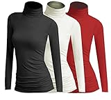 Ca. 67 cm Lang 3x Damen Frauen Langarm Rollkragen - Rolli - Rollkragenshirt - Turtleneck T Shirt - 3er Pack - Basic TShirt Tops - 3 in 1 (Schwarz + Creme + Rot)