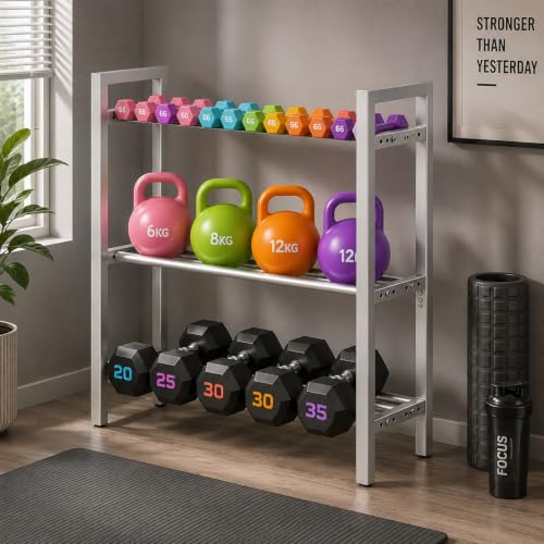 Image of WINSTAR 3-Tier Adjustable Dumbbell Rack | Heavy-Duty Home Gym Weight Storage Stand for Dumbbells & Kettlebells | Space-Saving Home Gym Organizer (Rack Only, Silver)
