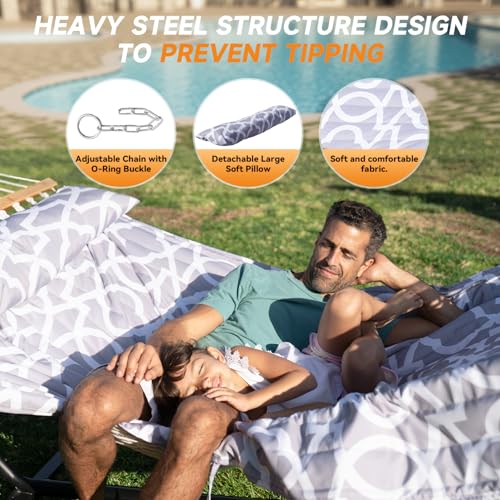 Image of Everyfun 2 Person Hammock with Stand, Heavy Duty Double Cotton Rope Hammock with Removable Quilted Pad & Pillow, 500 LBS Adjustable Steel Frame, Tool-Free, Carry Bag for Outside Patio Yard, White-Gray