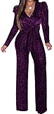 SeNight Elegant Jumpsuits for Women's Sexy Long Sleeve Mock Neck Sparkly PurPle Shiny Straight Long Pants Rompers with Zipper for Winter