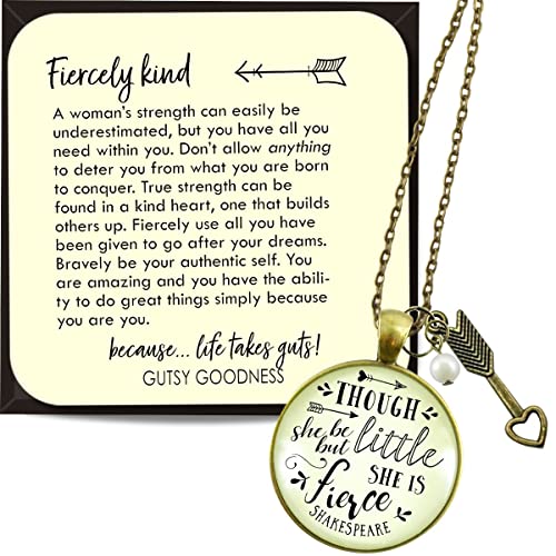 Though She Be But Little Necklace She Is Fierce Boho Aesthetic Jewelry For Women 24" Chain - Friendship Glass Shakespeare Quote Bronze Pendant, Arrow Charm, Gift Packaged, Themed Message Card & Box #TOP29