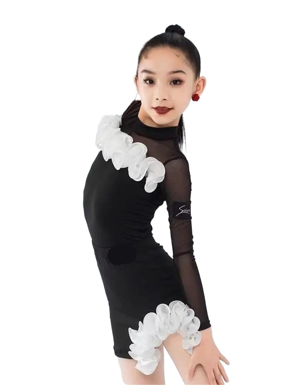 Vestido De Baile Latino para NiñAs Trajes de actuación, Vestidos de Manga Larga for niñas, Elegante Vestido Latino, Vestido de práctica de Baile Latino, Ropa de Baile para NiñAs(Black,160)