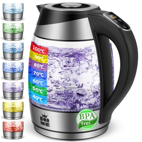 FOR ME Glas Elektrischer Wasserkocher 1,8L, Temperatureinstellung, Temperaturwahl 40°C bis 100°C, 7 Farben LED-Beleuchtung, Warmhaltefunktion, BPA Frei