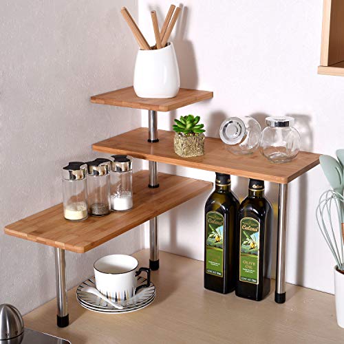 Remylady Estante esquinero de 3 niveles de bambú para especias, estantería, estantería, organizador de ahorro de espacio para salón, cocina, oficina
