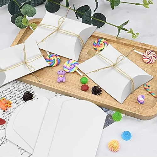 XAVSWRDE 100 PCS White Pillow Boxes for Gifts, Small Candy Gift Boxes Box Kraft Paper Treat Boxes Sweet Pillow Wedding Favour Boxes with 100 Hemp Ropes for Wedding Party Chocolates Sugars Biscuits