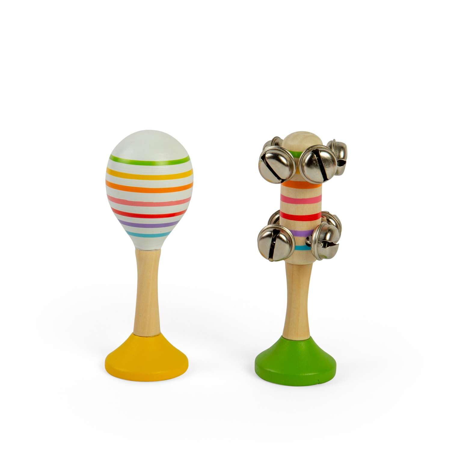 Bigjigs Toys Musical Shaker Set - 2pcs Wooden Rainbow Maraca & Bell Stick, Mini Percussion Instruments For Toddlers, Sensory Play Children’s Gifts, Age 18+ Month Olds