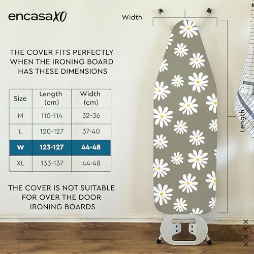 Image of Encasa XO Ironing Board Cover with 3mm Thick Felt Pad for Steam Press (Fits Standard Wide Boards of 125x46 cm) Heat Reflective, Scorch & Stain Resistant, Printed - Daisy Grey