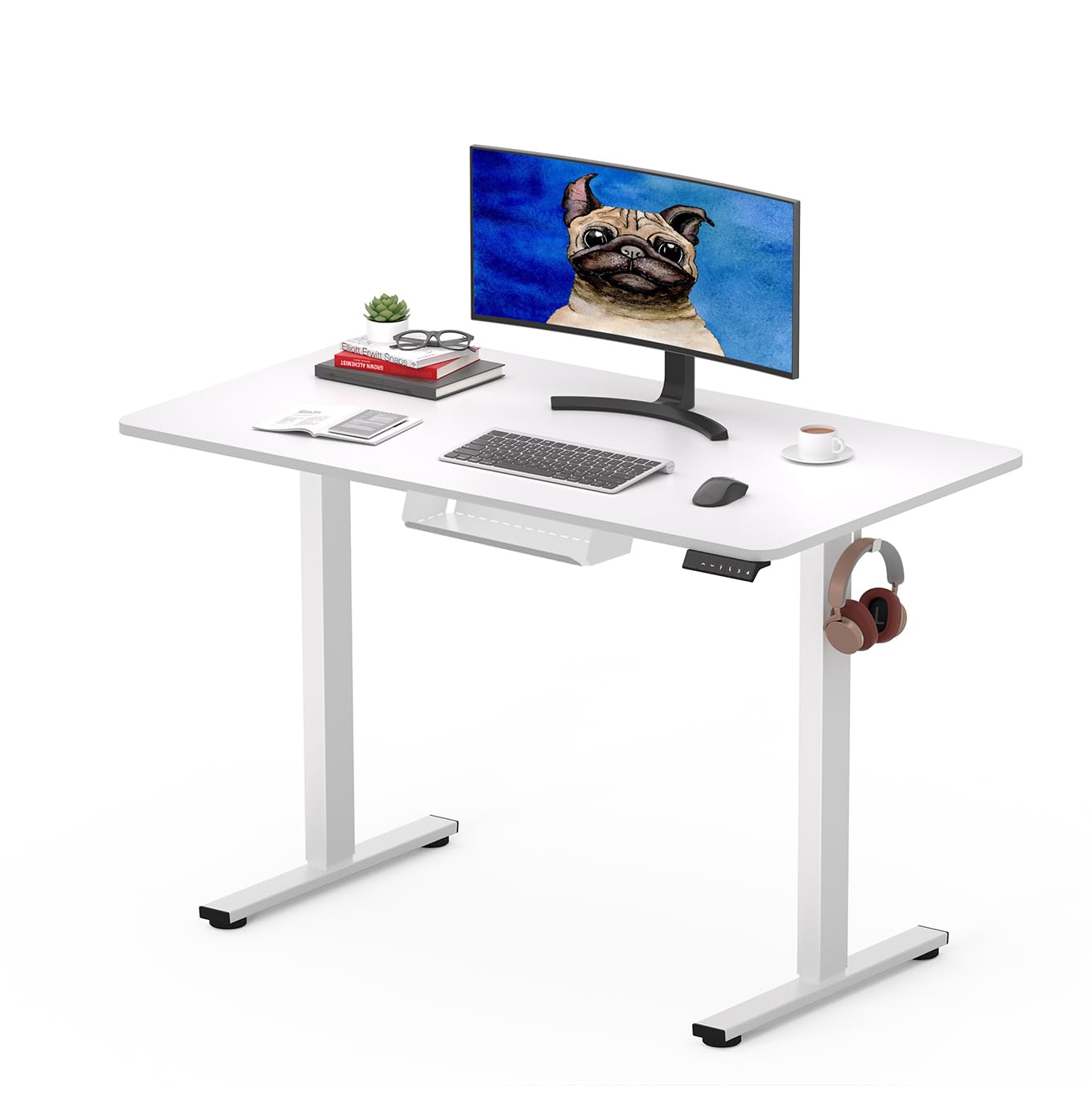 SANODESK Q1 Escritorio Elevable Eléctrico 100 x 60 cm, con Tablero Entero, Altura Ajustable, con 4 Memorias de Altura, Panel Inteligente y Ganchos, Ideal Oficina en casa (Blanco)