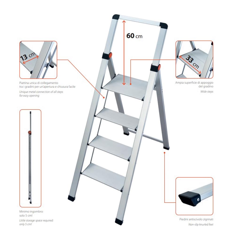Gierre BS400 Sgabello Ultra Slim, Scala in Alluminio 4 Gradini con Parapetto, 5cm di Ingombro