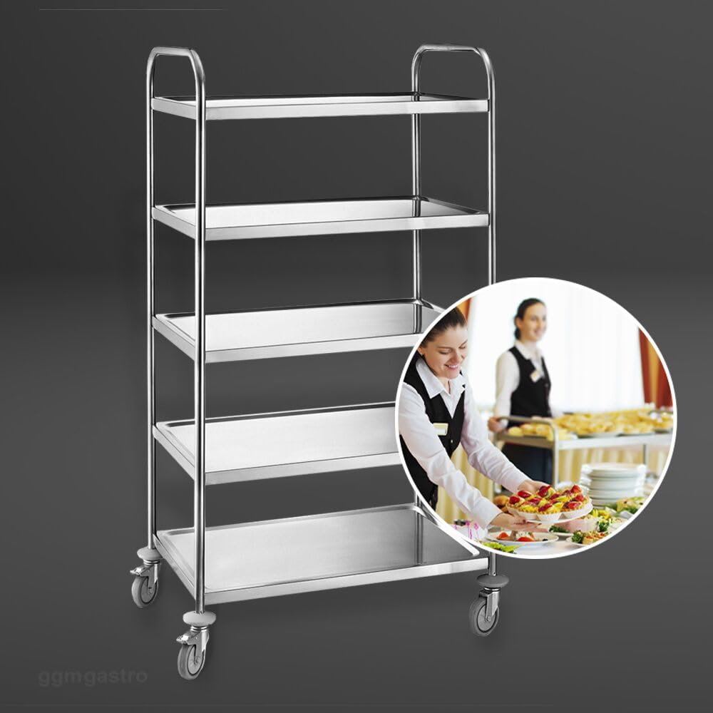 Servierwagen - 845x525mm - mit 5 Abstellflächen | robuste Edelstahlkonstruktion, für den Dauereinsatz ausgelegt, zeitsparende Reinigung, hohe Standsicherheit, mobil