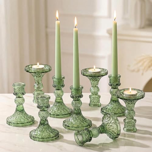 Simeitol Glass Candle Holder Set of 12, Green Taper Candle Holders Bulk, Vintage Candlestick Holders, Candle Stick Holder for Table Centerpieces, Wedding, Festival & Home Decor