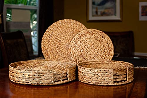 Wovanna Woven Placemats For Dining Table - Set Of 6 Adorable Thick Rustic Round Kitchen Placemats With Decorative Round Holder – All Natural Wicker Tablemats Hand-Braided From Water Hyacinth, 11.8" #TOP4