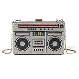 Renabro Women Retro Radio Shape Crossbody Bag Rhinestone Metal Vintage Evening Clutch Purses(silver radio)