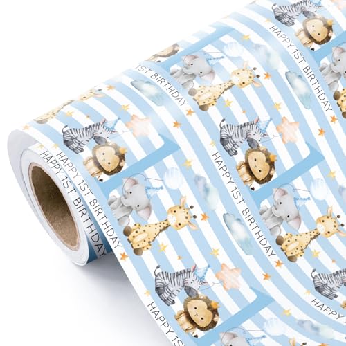 RUSPEPA Geschenkpapier zum 1. Geburtstag eines Jungen – Mini-Rolle – 43,2 cm x 5 m – Babyblaues, bezauberndes Dschungeltier-Geschenkpapier, perfekt für Mädchengeburtstage.