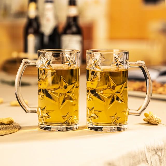 Image of PrimeWorld 500 ml Star Beer Set of 2 Pcs Strong Glass Mug with Handle, Steins, Freezable Beer Glasses,Everyday Drinking Glasses, Cocktail Glasses
