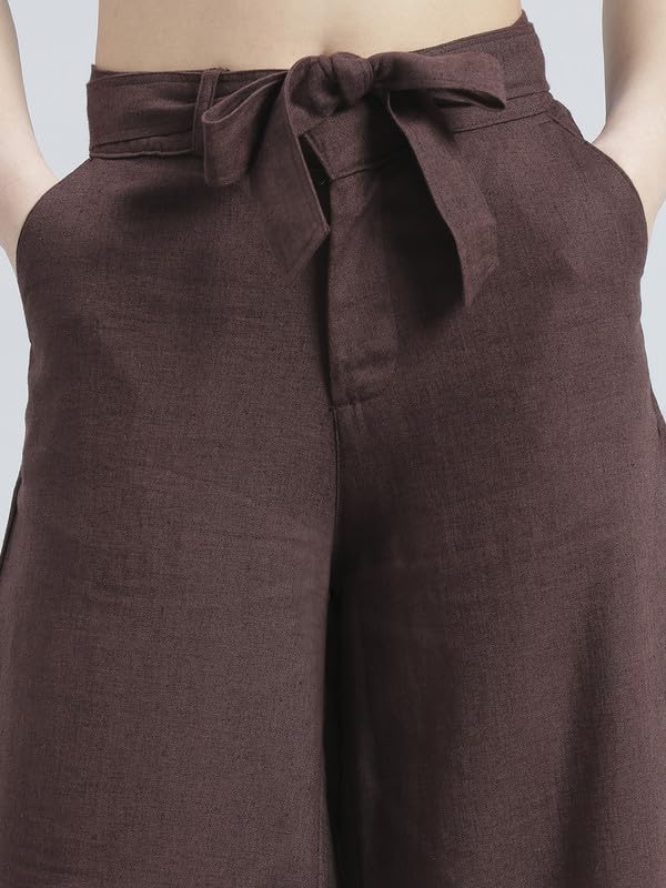 Image of GO COLORS Solid Linen Culottes for Women | High Rise, Side Pockets, Front tie-up