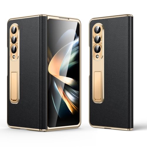 Libeagle for Samsung Galaxy Z Fold 4 Case Electroplated Frame Luxury Leather Back Full Magnetic Hinge Protective Screen Protector Metal Stand Thin & Slim Stand Phone Cover 5G 2023 Black