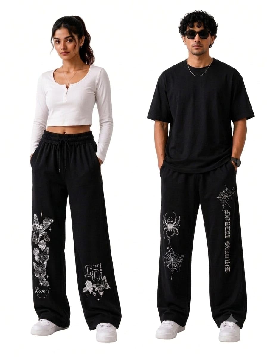 Unisex Black Wide Leg Graphic Printed Jogger Trousers-image-18