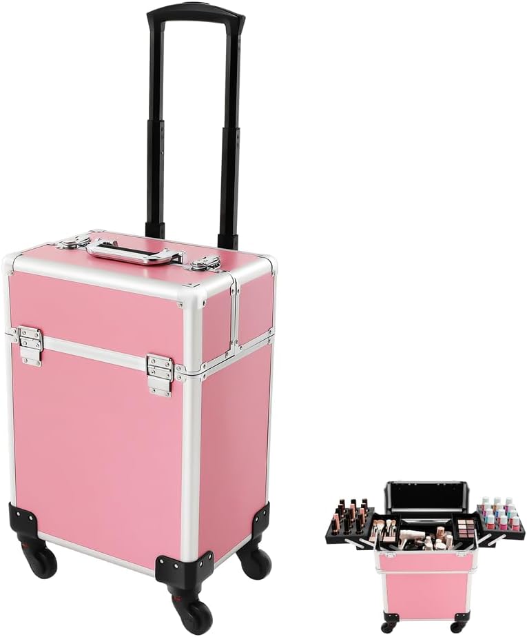 PERFERATE Professional Makeup Train Case Multi-functional Rolling Makeup Train Case Aluminum Cosmetic Cart Large Trolley Storage Case with Wheels for Make Up Hairstylists Nail Tech (Pink)