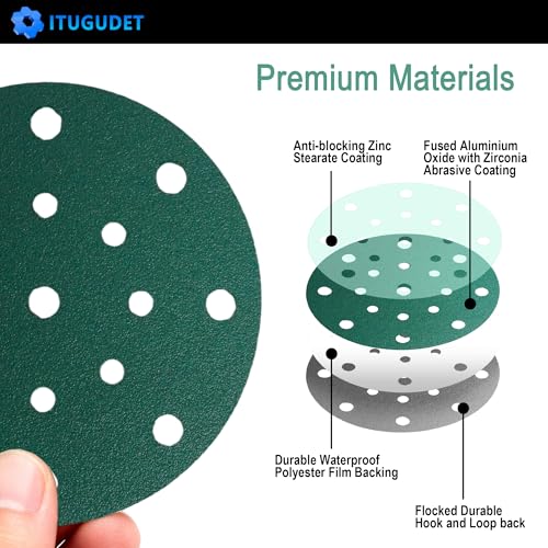 Image of 6-Inch 17-Hole 600 Grit Zirconia Alumina Hook & Loop Sanding Discs, Heavy-Duty Polyester Film Backing, Wet /Dry Anti-Clog for Random Orbital Sanders - Wood, Automotive, Metal - 50 Pack