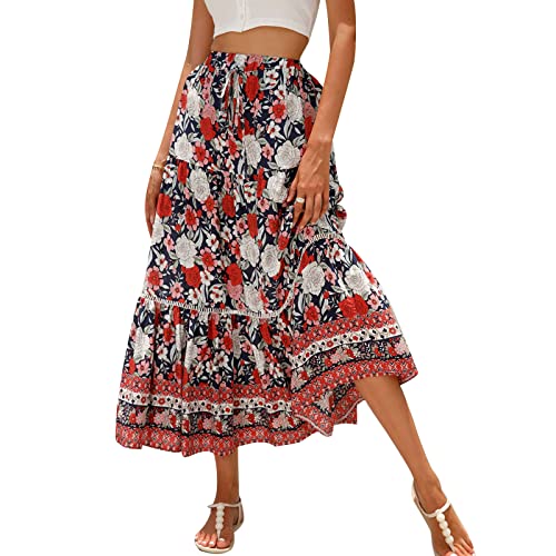 Falda larga bohemia para mujer, estilo vintage, estampado floral, estilo bohemio, cintura elástica, falda midi fluida, falda midi para verano y primavera, rosso, 40