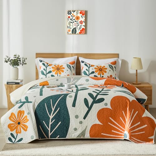 Yogeneg Queen Quilt Bedding Set,White Orange Botanical Pattern Beige Full/Queen