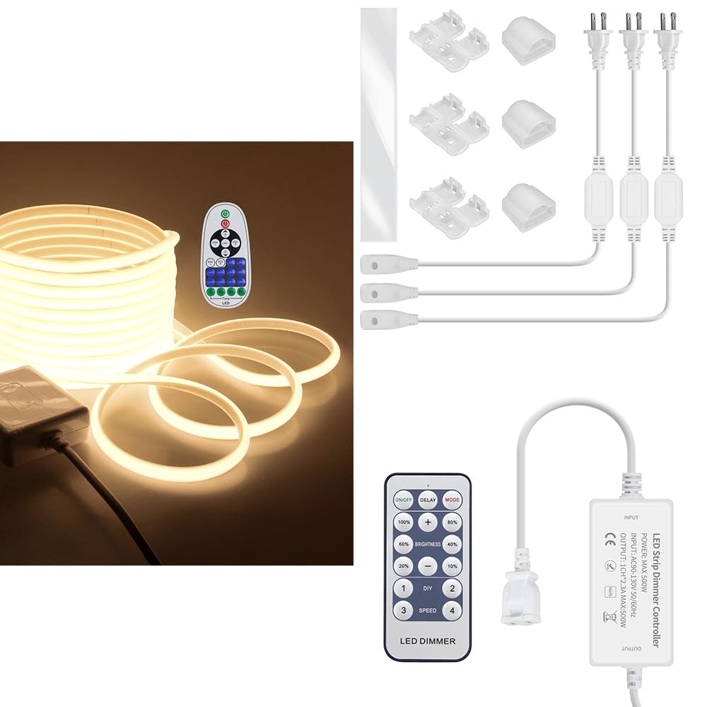 SamsionCOB LED Rope Lights Outdoor Waterproof 82ft Warm White 3000K Led Strip Lights +Dimmer Controller for Single Color+LED Strip Light Connector