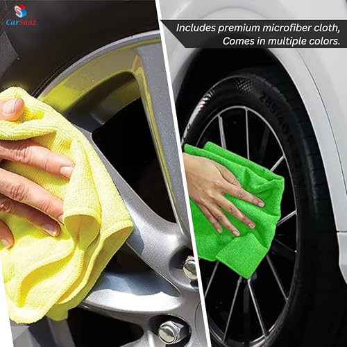 Image of CAR SAAZ Tyre Shiner (1L) with Applicator Pad and Microfiber Cloth | Car & Bike Tyre Polish & Dresser | Gives Instant Shine, Increases Life, Prevents Fading & Cracking | Long-Lasting Protection