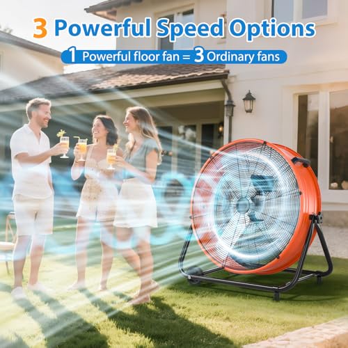 Image of LifePlus 24 Inch Industrial Drum Fan, 320W High Velocity Floor Fan, 3 Speed Heavy Duty Metal Air Circulator, 360 Tilt with Casters Handle ETL Standard for Patios, Warehouse, Commercial, 8900CFM
