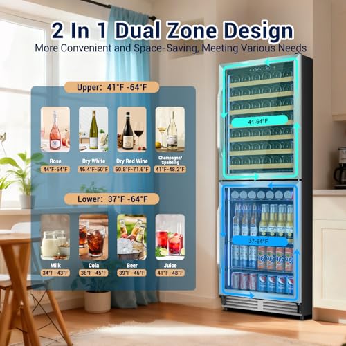 Image of Tylza 24'' Wine and Beverage Refrigerator, Dual Zone Wine Fridge with 190 Cans and 90 Bottles, Upgraded Compressor, Low-E Tempered Glass, Safety Lock, 2 In 1 Beverage Fridge for Home or Commercial