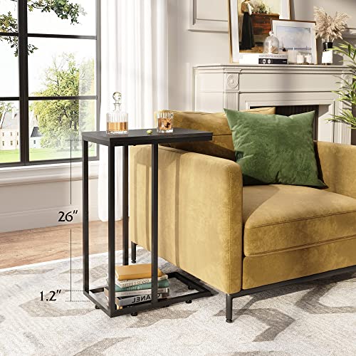 Wlive Side Table, C Shaped End Table For Sofa And Bed, Tv Tray Table With Metal Frame，Solid Wood For Couch, Living Room, Bedroom, Relief Black #TOP1