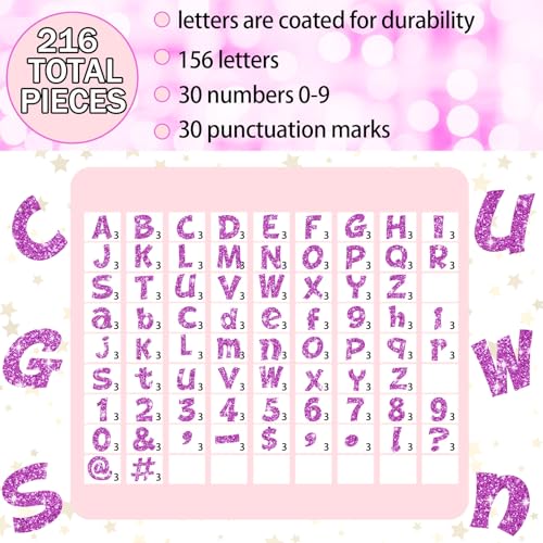 Image of Colarr 216 Pcs Glitter Bulletin Board Letters for Classroom Number Alphabet Punctuation Symbol Cutout 4'' Die-Cut Poster Letter with Adhesive Dot School Party Holiday Decor Display(Purple Pink)