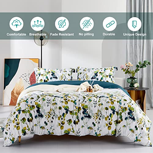 Image of MILDLY 100% Long Staple Cotton 3pcs Queen Duvet Cover Set, Ultra Soft Yellow Green Leaves Printed Autumn Comforter Cover Set