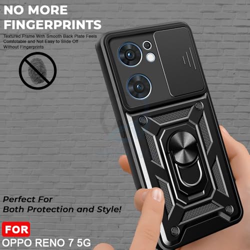 Image of AESTMO Tough Armor Oppo Reno 7 5G Bumper Back Case Cover | Ring Holder & Sliding Camera Shield Cover | 360 Degree Protection Back Case Cover for Oppo Reno 7 5G (Black)