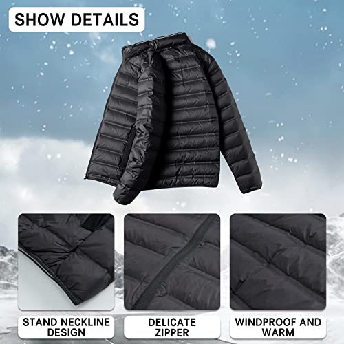 Image of Mens Thin Puffer Coat With Pocket Portable Standing Collar Duck Down Winter Coat Lightweight Windproof Heat Retaining (Navy, X-Large)