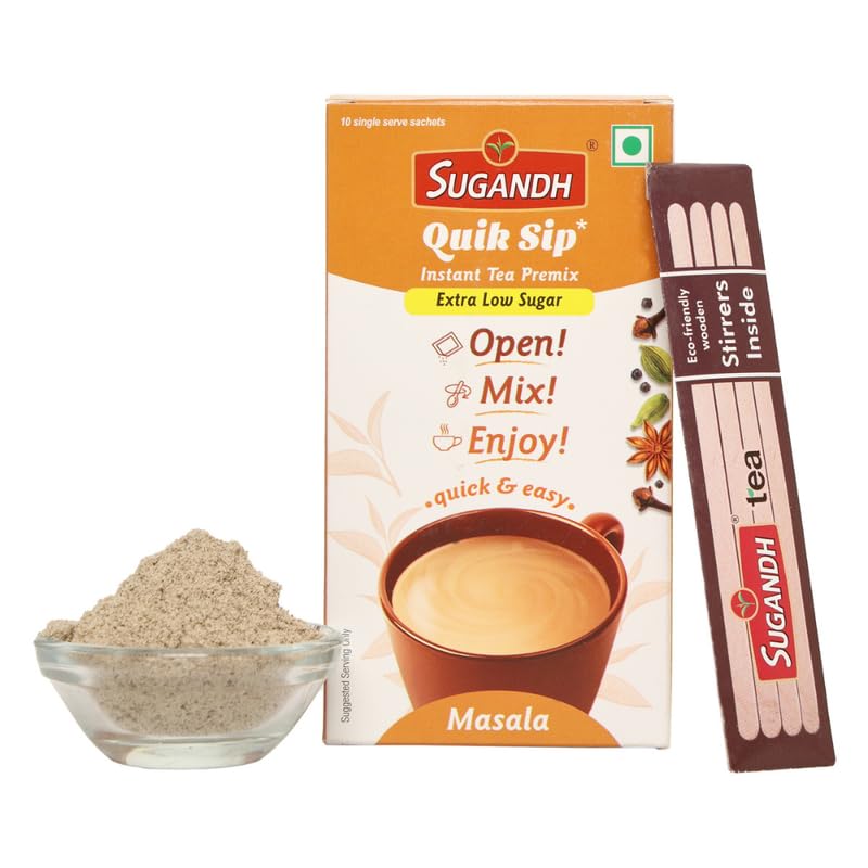 Image of Sugandh Quik Sip Instant Masala Chai Premix Extra Low Sugar (Pack of 2) - Single Serve Sachets - 2 Boxes of 10 Sachets each