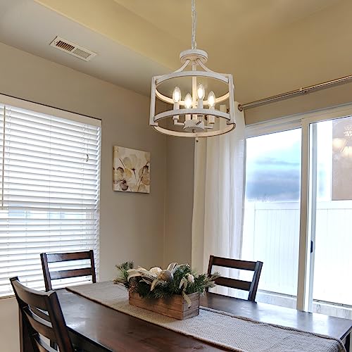 Wbindx D0128S-4-D 4-Light Farmhouse Chandelier, Distressed Hanging Pendant Lighting, Convertible Semi Flush Mount Ceiling Light Fixture Vintage White Metal Chandeliers thumb #5