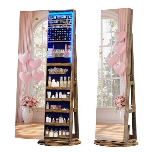 Image of LVSOMT LED Jewelry Cabinet with Sliding Full Length Mirror,Retro Brown