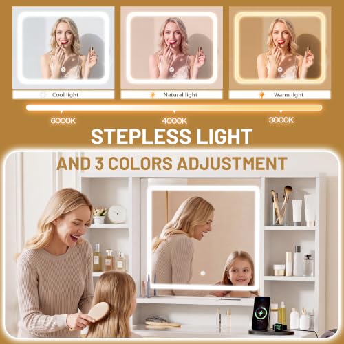 Image of LIVELYGLOW 43.3 inch White Large Makeup Vanity Desk with Glass Top & RGB Lights
