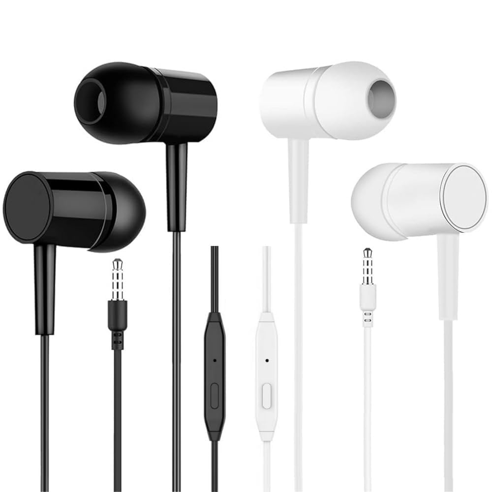 Photo 1 of 2 Packs Simple Wired Earbuds, in-Ear Headphones with Built-in Microphone & Volume Rocker, Universal 3.5mm Jack for School, Office, Travel - Black & White