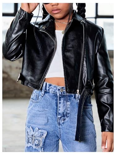 Girl's Zip Up Crop Jacket Fax PU Leather Long Sleeve Collared Outerwear Coats3