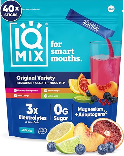 IQMIX Hydration Electrolyte Powder – 4-in-1 Formula for Hydration, Mental Clarity, Mood and Recovery – Sugar-Free Drink Mix, Keto, Magnesium L-Threonate, Lion’s Mane – 40 Count Variety Pack