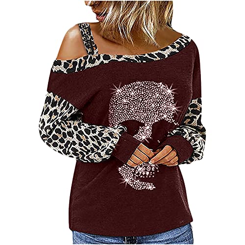 Masrin Damen Sommer Tops Lässiges T-Shirt mit Totenkopf-Strass-Motiv...