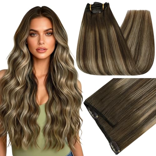 Image of Full Shine Balayage Clip in Hair Extensions, Medium Brown to Honey Blonde | Thick Human Hair Clip in Extensions, Invisible Weft Full Head Hair, 24 Inch 150g 7Pcs, Long Layered Styles, Dense Hair