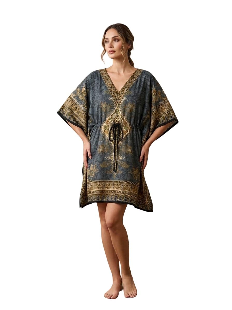 Women's Polyester Short Kaftan Dress, Grey Boho Floral Print, V-Neck with Drawstring-image-17
