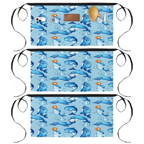 Lot de 3 tabliers courts de chef à 3 poches motif dauphins