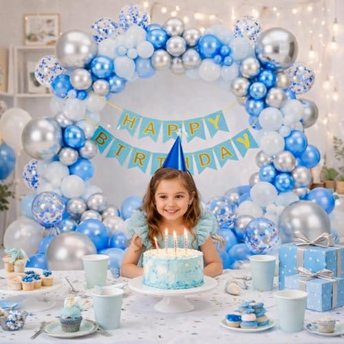 Image of Happy Birthday Decoration Kit for Baby Teenage Girls Men Women Adults Home Table Year With 30 Pc Dark Blue White Silver Balloons 1 Pc Sky Blue Happy Birthday Paper Banner Items Set Combo