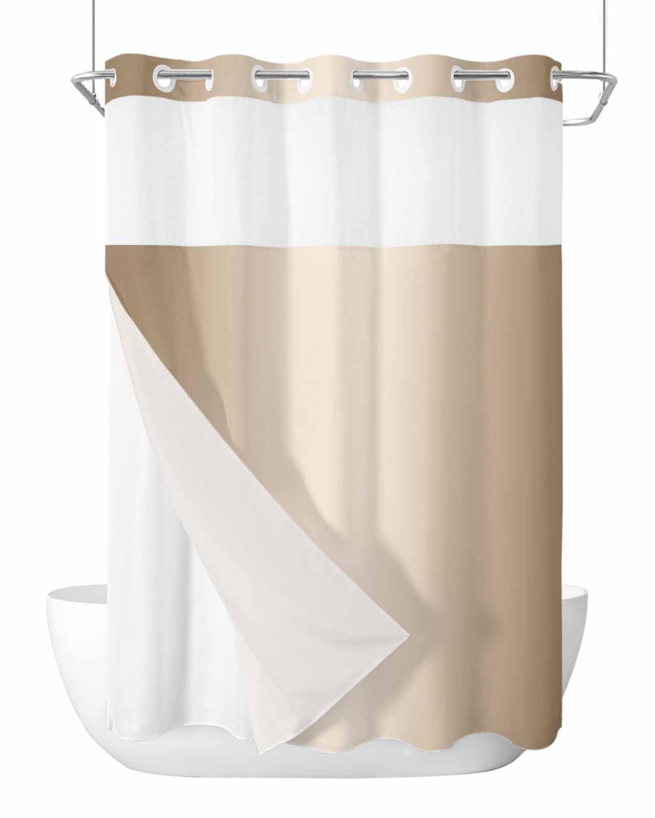 Anzona No Hook Shower Curtains, Khaki Brown Ombre Stall Bathroom Curtain with Snap in Liner, Farmhouse Brown Color Gradient Waterproof Washable Fabric