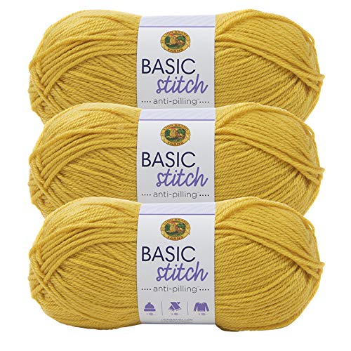 Image of Lion Brand Yarn Basic Stitch Anti-Pilling Yarn for Crocheting, Knitting, and Crafts, Mustard, 3 Pack